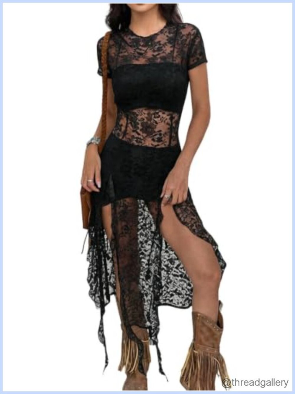 SHENHE Sheer Lace Slit Ruffle Fringe Mini Dress Club Night Out
